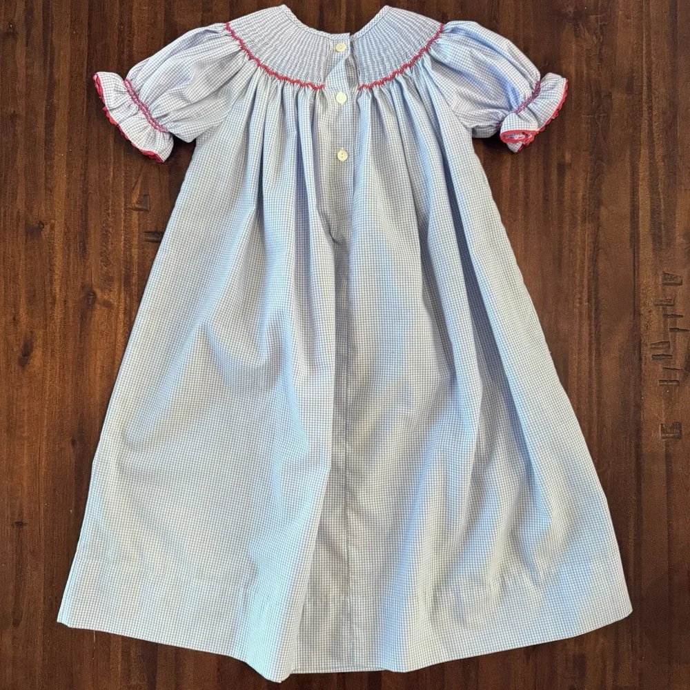 The Smockling Smocked Apple Dress Size 4 Blue Gingham Back To School - Picture 4 of 7
